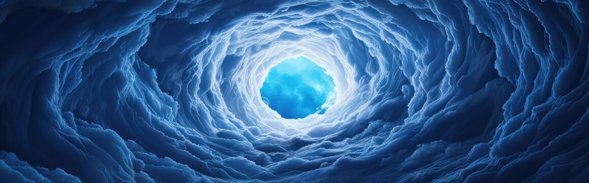 Surreal swirling cloud tunnel perspective with a bright blue opening representing a hopeful portal to another world