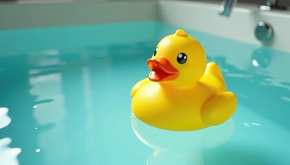 Yellow rubber duck floating in a bathtub, water droplets visible , plastic, bath toy, happy duck