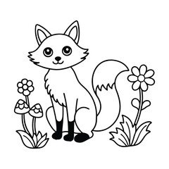 a playful fox with big eyes sitting among mushroom line art vector illustration