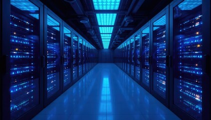 Obraz premium A futuristic server room with glowing blue lights and advanced network equipment , data storage, glowing, abstract background