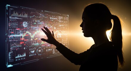 Silhouette of a woman interacting with a futuristic data interface screen