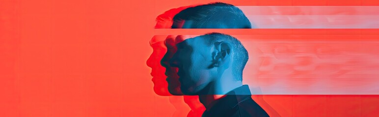 Abstract glitch art portrait featuring a man silhouetted in red and blue hues against a vibrant orange background