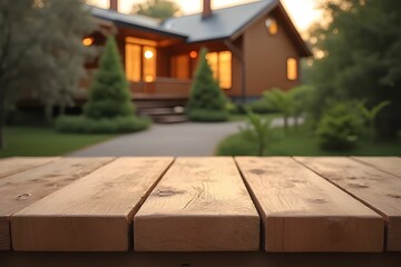 Empty wood table with blurred house background for backdrop and product presentation. Mockup template for artwork graphic design