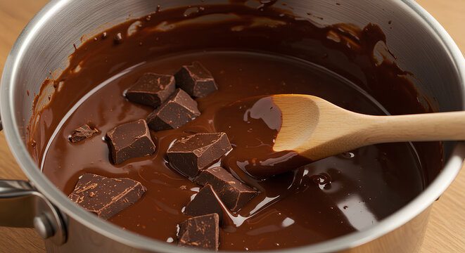 Chocolate meio amargo derretido com peda&ccedil;os em panela de inox, mexido com colher de madeira, ideal para sobremesas ou receitas de confeitaria.