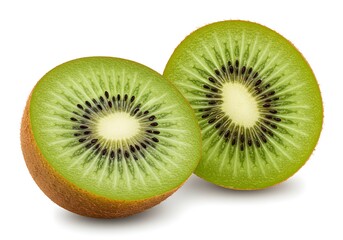 Fototapeta premium A close up shot of two halves of a kiwi fruit with the seeds and green flesh clearly visible on white