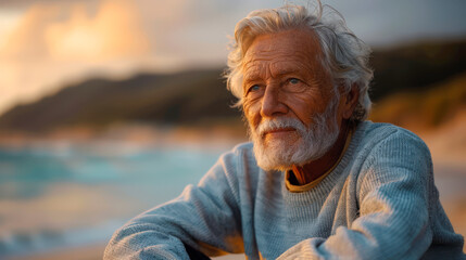 Thoughtful senior man sitting by beach at sunset wearing sweater with serene expression