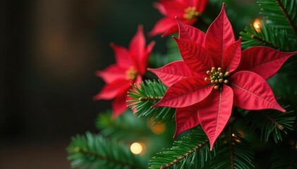 Festive poinsettia blooms adorn a miniature pine tree, creating a unique holiday decoration , flower, christmas plant, holiday