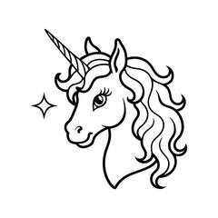 a unicorn head with a curly mane and a sparkling face vector line art