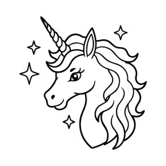 a unicorn head with a curly mane and a sparkling vector line art