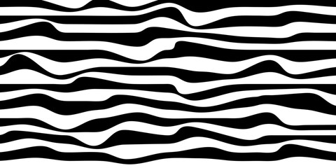 Illusion black and white waves or texture background. 3d distorted structure backdrop. Pattern with curve lines. Vector illustrations.