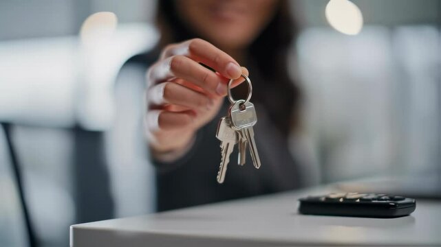 Closeup of woman handing over house keys at real estate office  
