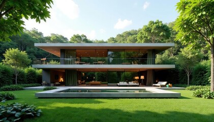Modern minimalist house nestled in a lush green landscape, showcasing seamless indoor-outdoor living , contemporary architecture, walls