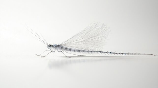 A side view of a silver-colored bristletail insect on a white surface