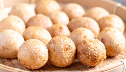 Delicious Golden Brown Fried Bread Balls in a Bamboo Steamer Basket A Close Up Shot of Crispy and Fluffy Food