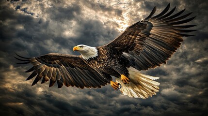 Obraz premium Bald eagle soars with american flag against cloudy sky