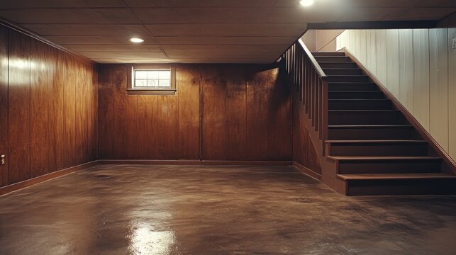 Empty basement interior with wooden paneling and concrete floor
