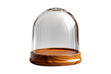 Empty bell shaped glass dome with wood base isolated on transparent background
