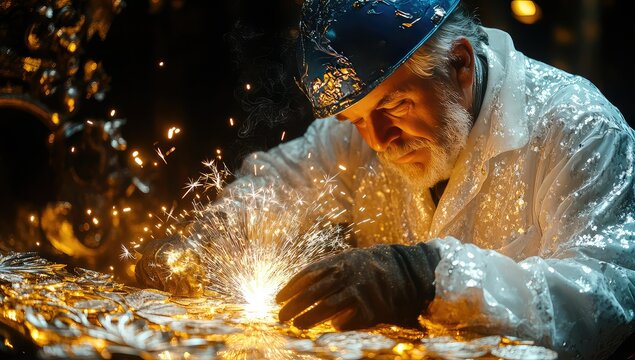 Senior welder sparks metalwork.