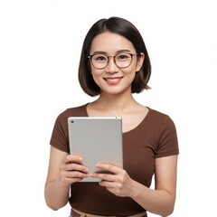 Naklejka premium Woman holding a tablet isolated on white background