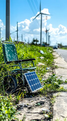 A green wheelchair with a solar panel attached sits on the side of a road, with wind turbines in the background