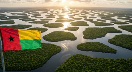 Waving Guinea-Bissauan Flag Over the Intricate Mangrove Estuaries of the Bijagós Archipelago