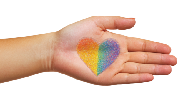 rainbow heart on hand on transparent background PNG