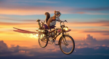 Obraz premium Steampunk Squirrel's Aerial Adventure: A Whimsical Sunset Flight