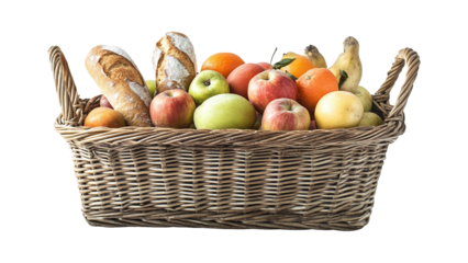wicker basket with fruit and bread on transparent background PNG