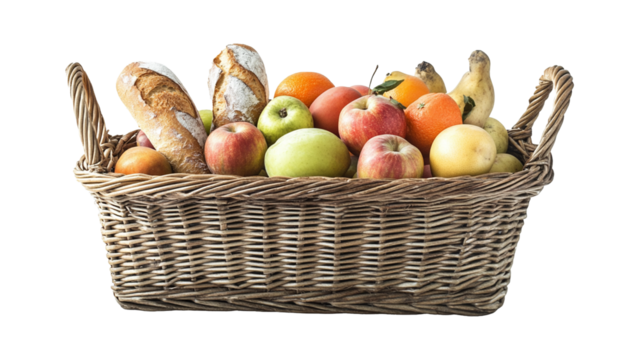 wicker basket with fruit and bread on transparent background PNG