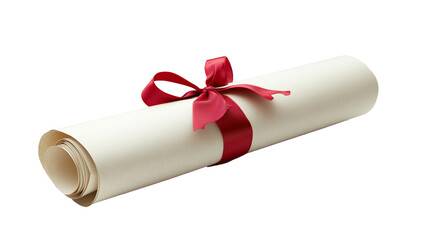 A rolled diploma tied with a red ribbon on transparent background PNG