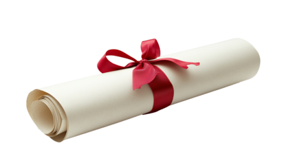 A rolled diploma tied with a red ribbon on transparent background PNG