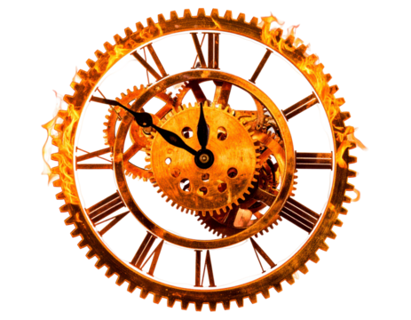 Fiery Clock Mechanism with Intricate Gears and Flames - Powered by Adobe