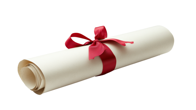 A rolled diploma tied with a red ribbon on transparent background PNG
