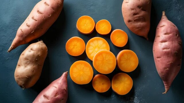 Organic yam and raw sweet potatoes. Agricultural products.
