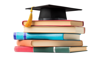 stack of books with graduation cap on top on transparent background PNG