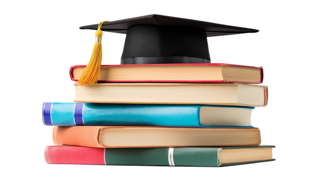 stack of books with graduation cap on top on transparent background PNG