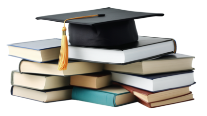 stack of books with graduation cap on top on transparent background PNG