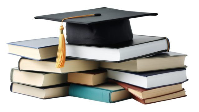stack of books with graduation cap on top on transparent background PNG