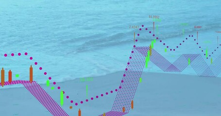Financial chart overlay being displayed across shoreline with purple dotted curves candlestick bars - Powered by Adobe