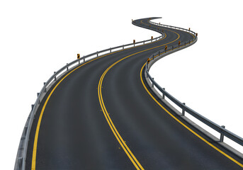 A curved road with white and white markings bordered by reflective barriers, offering a sense of direction and perspective. isolated on white or transparent background. PNG