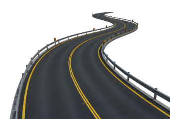 A curved road with white and white markings bordered by reflective barriers, offering a sense of direction and perspective. isolated on white or transparent background. PNG