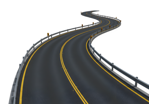 A curved road with white and white markings bordered by reflective barriers, offering a sense of direction and perspective. isolated on white or transparent background. PNG