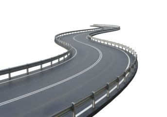 A curved road with white and white markings bordered by reflective barriers, offering a sense of direction and perspective. isolated on white or transparent background. PNG