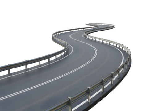 A curved road with white and white markings bordered by reflective barriers, offering a sense of direction and perspective. isolated on white or transparent background. PNG