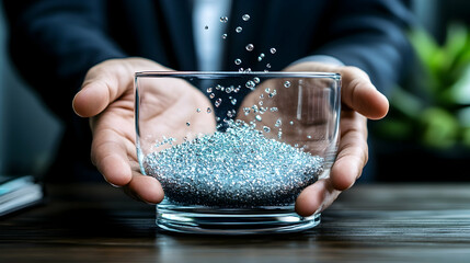 A person holds a glass bowl filled with small, iridescent beads, with more beads falling into the bowl from above