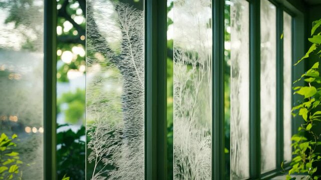 Engraving of tree seen through glass.