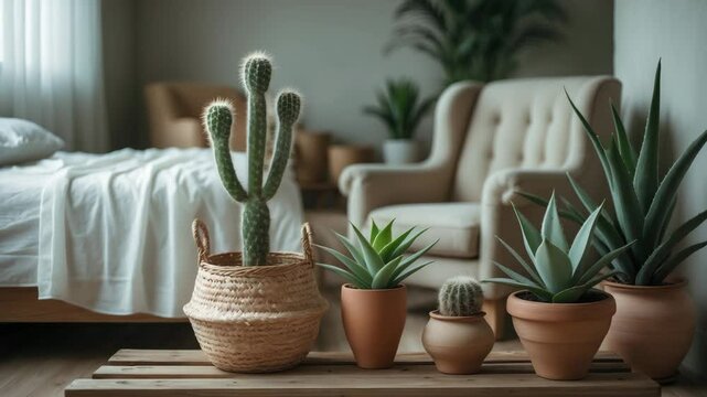 Ceramic pot house plants and a wicker basket sit on a wooden bench next to an armchair and a cozy bed in a well-lit, bright-styled bedroom. Interior design.