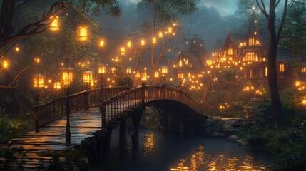 Enchanting wooden bridge over a tranquil river in a misty forest village, illuminated by warm, hanging lanterns