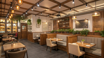 Modern Restaurant Interior Design with Wooden Elements and Cozy Lighting – EPS Vector Background