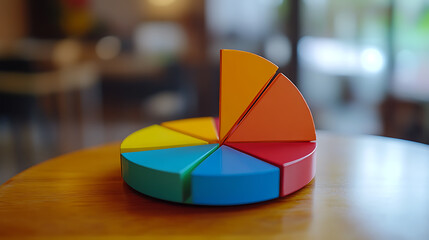 Colorful pie chart segments on a polished wooden table, showcasing data representation effectively.